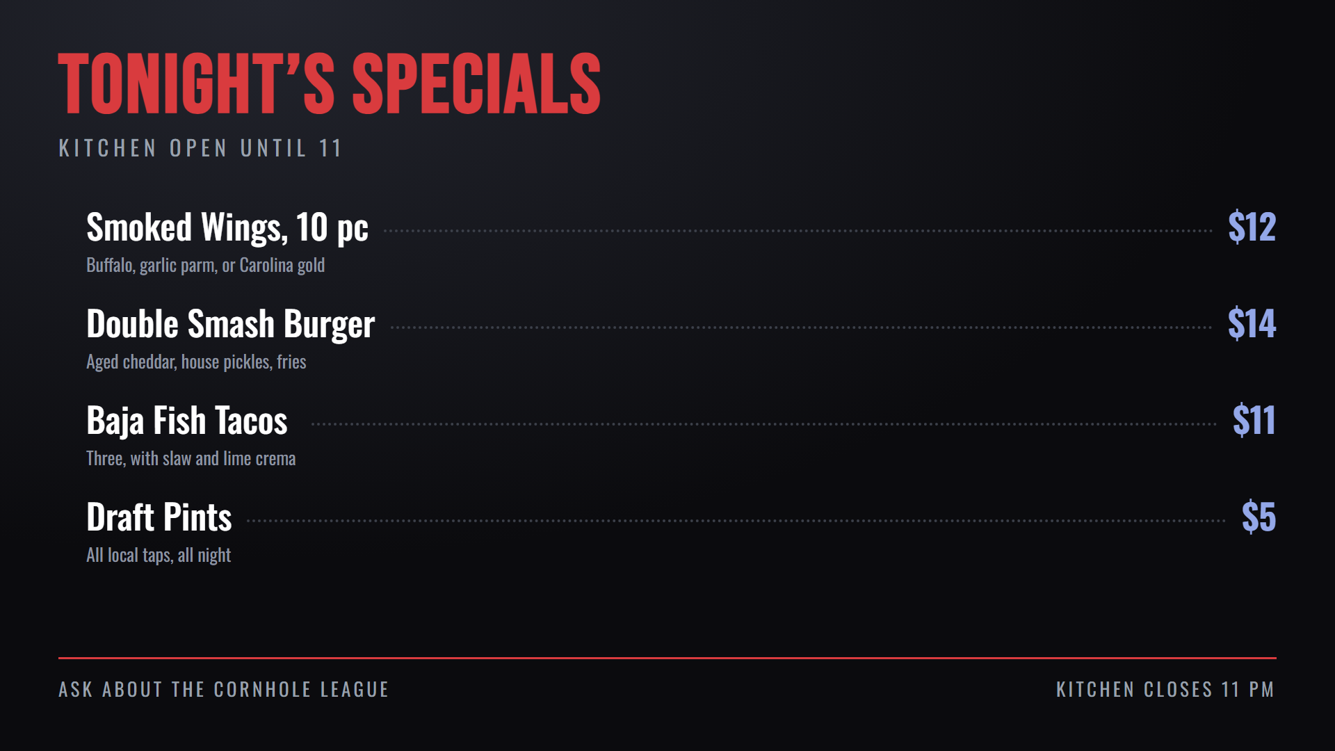 The same screen showing tonight's specials