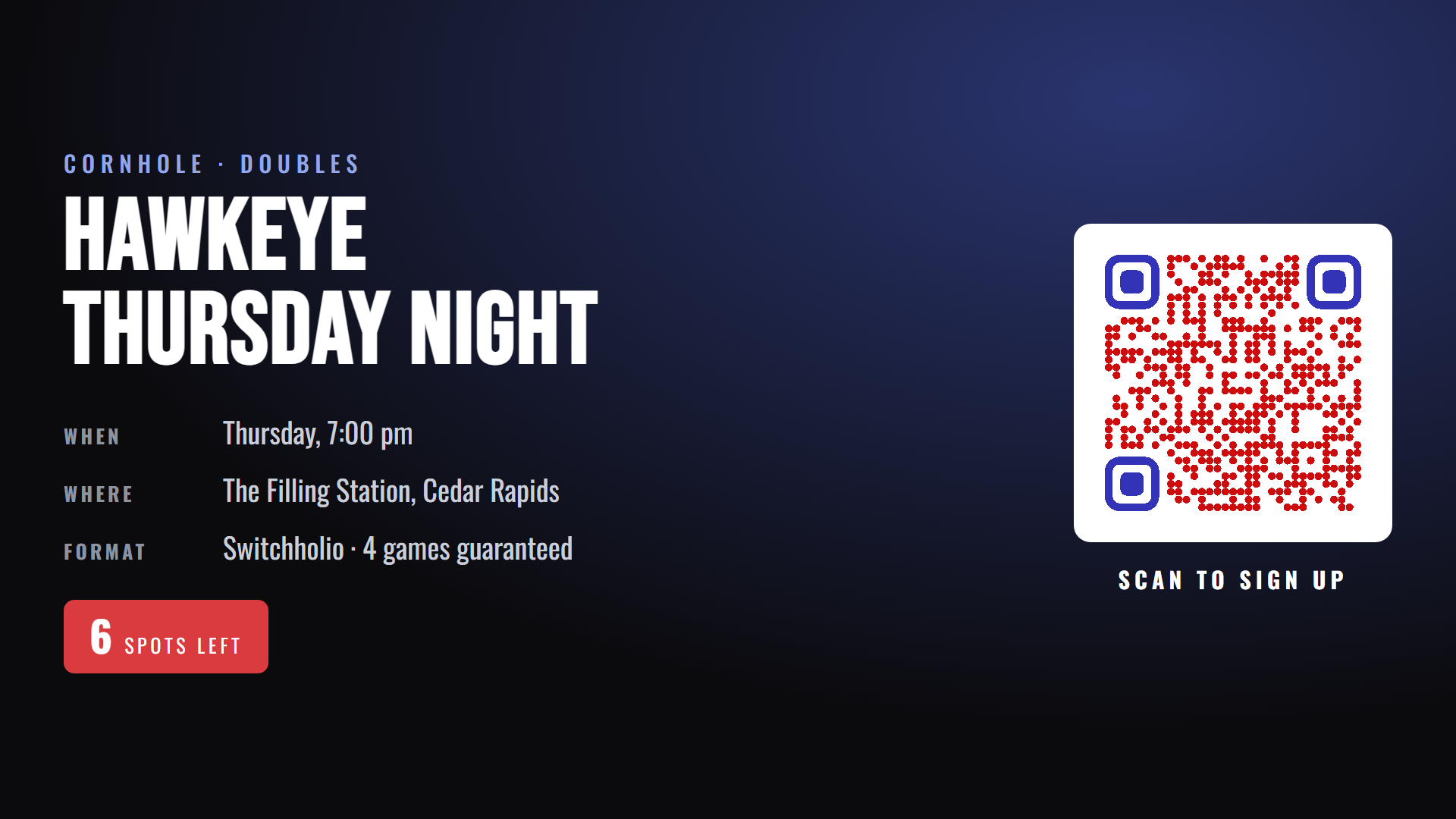 A tournament card with a signup QR code